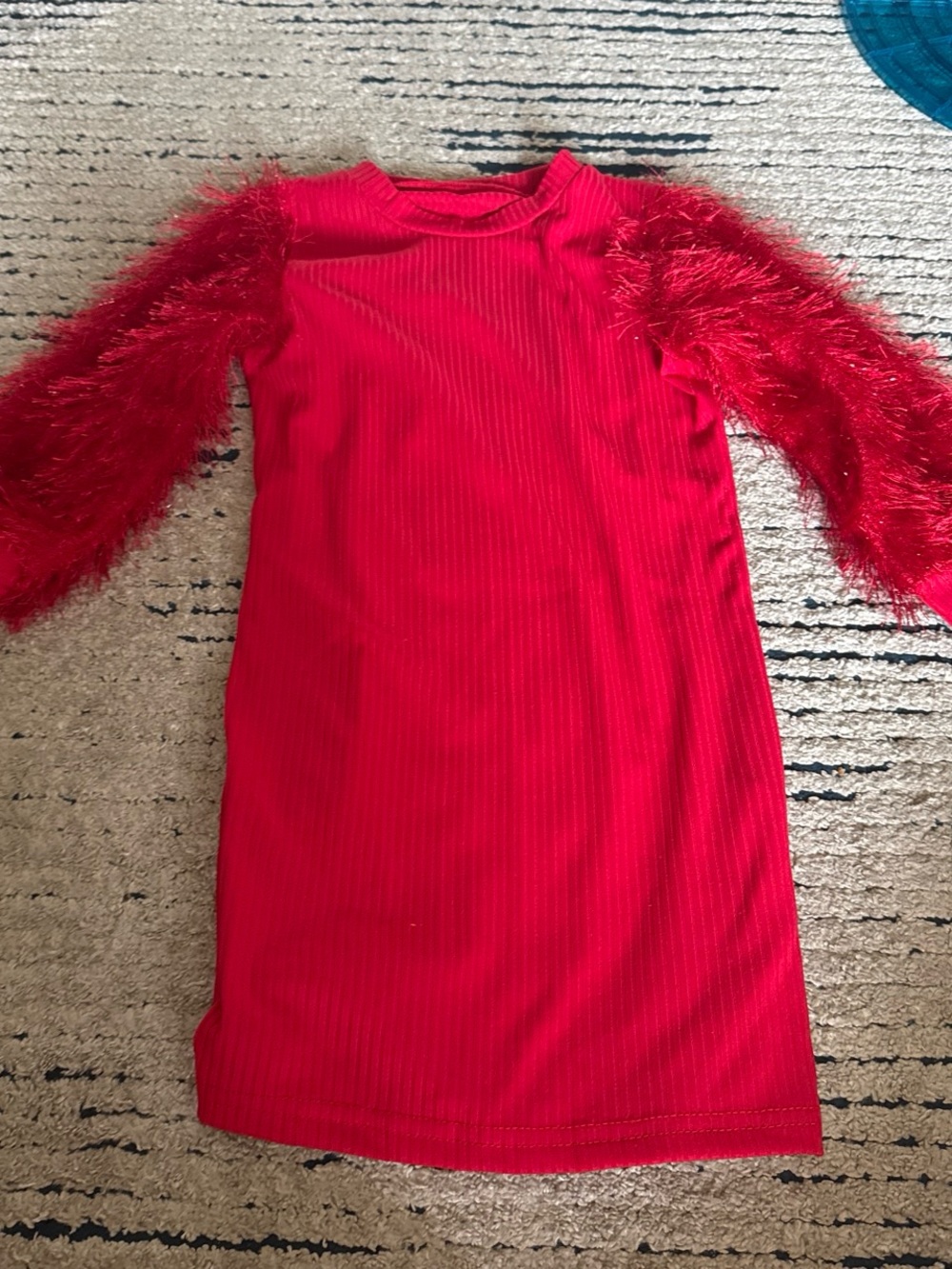 SHEIN Red Ribbed Dress with Fuzzy Sleeve Detail